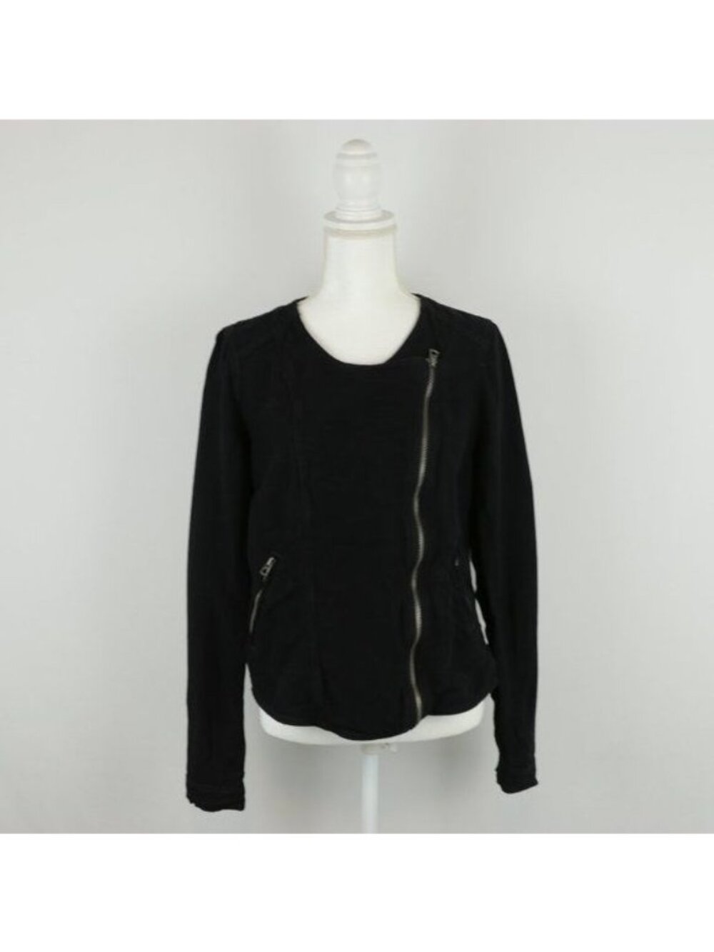 Lucky Brand Women's Medium Black Linen Blend Collarless Full Zip Jacket